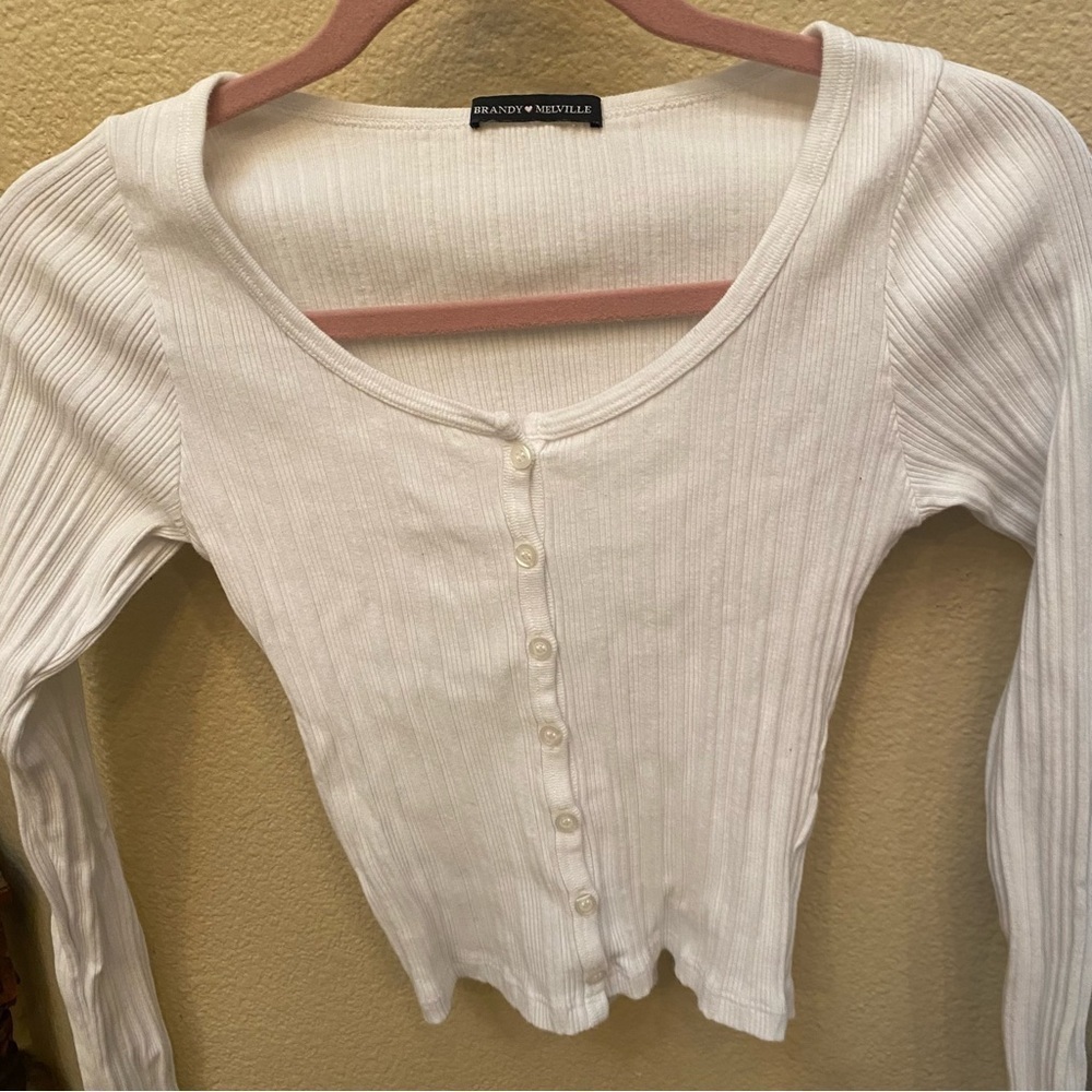 BRANDY MELVILLE White Button Ribbed Long Sleeve Top Size One Size-Made in Italy - Picture 2 of 5